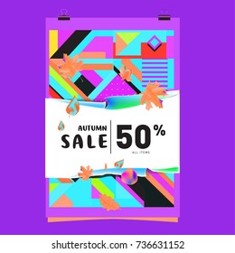Autumn sale memphis style web banner. Fashion and travel discount poster. Vector holiday Abstract colorful illustration with special offer and promotion.