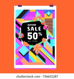 Autumn sale memphis style web banner. Fashion and travel discount poster. Vector holiday Abstract colorful illustration with special offer and promotion.