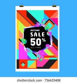 Autumn sale memphis style web banner. Fashion and travel discount poster. Vector holiday Abstract colorful illustration with special offer and promotion.