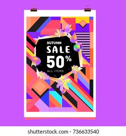Autumn sale memphis style web banner. Fashion and travel discount poster. Vector holiday Abstract colorful illustration with special offer and promotion.