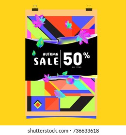 Autumn sale memphis style web banner. Fashion and travel discount poster. Vector holiday Abstract colorful illustration with special offer and promotion.