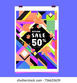 Autumn sale memphis style web banner. Fashion and travel discount poster. Vector holiday Abstract colorful illustration with special offer and promotion.