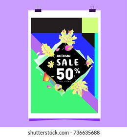 Autumn sale memphis style web banner. Fashion and travel discount poster. Vector holiday Abstract colorful illustration with special offer and promotion.