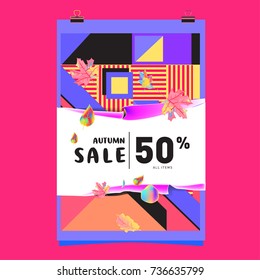 Autumn sale memphis style web banner. Fashion and travel discount poster. Vector holiday Abstract colorful illustration with special offer and promotion.