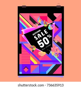 Autumn sale memphis style web banner. Fashion and travel discount poster. Vector holiday Abstract colorful illustration with special offer and promotion.