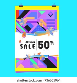 Autumn sale memphis style web banner. Fashion and travel discount poster. Vector holiday Abstract colorful illustration with special offer and promotion.