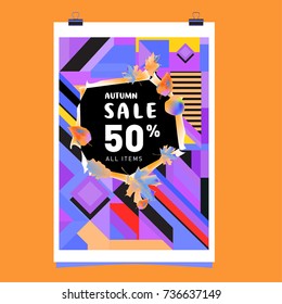 Autumn sale memphis style web banner. Fashion and travel discount poster. Vector holiday Abstract colorful illustration with special offer and promotion.