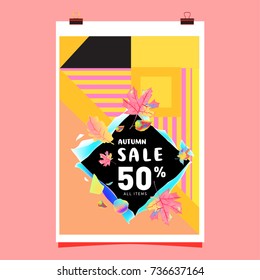 Autumn sale memphis style web banner. Fashion and travel discount poster. Vector holiday Abstract colorful illustration with special offer and promotion.