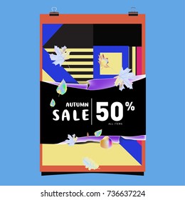 Autumn sale memphis style web banner. Fashion and travel discount poster. Vector holiday Abstract colorful illustration with special offer and promotion.