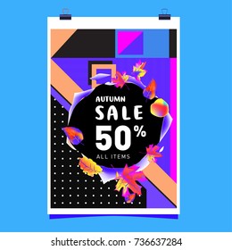 Autumn sale memphis style web banner. Fashion and travel discount poster. Vector holiday Abstract colorful illustration with special offer and promotion.