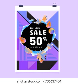 Autumn sale memphis style web banner. Fashion and travel discount poster. Vector holiday Abstract colorful illustration with special offer and promotion.