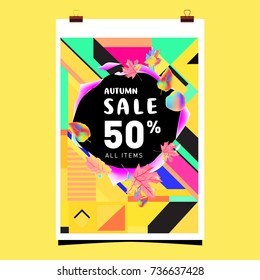 Autumn sale memphis style web banner. Fashion and travel discount poster. Vector holiday Abstract colorful illustration with special offer and promotion.