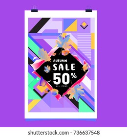 Autumn sale memphis style web banner. Fashion and travel discount poster. Vector holiday Abstract colorful illustration with special offer and promotion.
