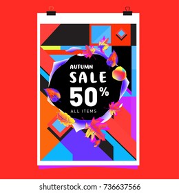 Autumn sale memphis style web banner. Fashion and travel discount poster. Vector holiday Abstract colorful illustration with special offer and promotion.