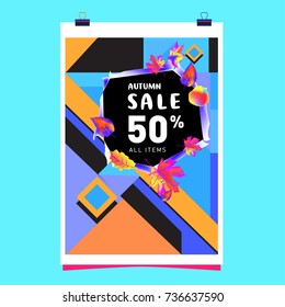 Autumn sale memphis style web banner. Fashion and travel discount poster. Vector holiday Abstract colorful illustration with special offer and promotion.