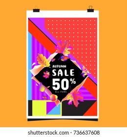 Autumn sale memphis style web banner. Fashion and travel discount poster. Vector holiday Abstract colorful illustration with special offer and promotion.