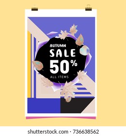 Autumn sale memphis style web banner. Fashion and travel discount poster. Vector holiday Abstract colorful illustration with special offer and promotion.