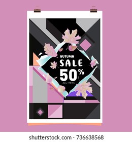 Autumn sale memphis style web banner. Fashion and travel discount poster. Vector holiday Abstract colorful illustration with special offer and promotion.