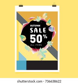 Autumn sale memphis style web banner. Fashion and travel discount poster. Vector holiday Abstract colorful illustration with special offer and promotion.