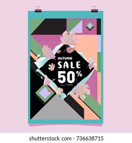 Autumn sale memphis style web banner. Fashion and travel discount poster. Vector holiday Abstract colorful illustration with special offer and promotion.