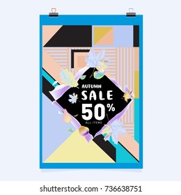 Autumn sale memphis style web banner. Fashion and travel discount poster. Vector holiday Abstract colorful illustration with special offer and promotion.