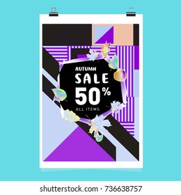 Autumn sale memphis style web banner. Fashion and travel discount poster. Vector holiday Abstract colorful illustration with special offer and promotion.