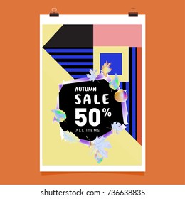 Autumn sale memphis style web banner. Fashion and travel discount poster. Vector holiday Abstract colorful illustration with special offer and promotion.