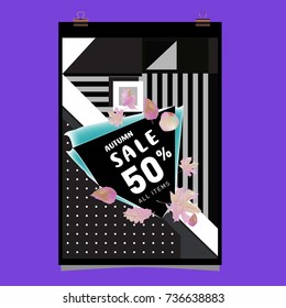 Autumn sale memphis style web banner. Fashion and travel discount poster. Vector holiday Abstract colorful illustration with special offer and promotion.