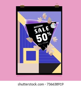 Autumn sale memphis style web banner. Fashion and travel discount poster. Vector holiday Abstract colorful illustration with special offer and promotion.