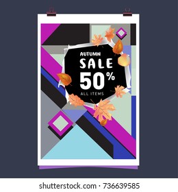 Autumn sale memphis style web banner. Fashion and travel discount poster. Vector holiday Abstract colorful illustration with special offer and promotion.