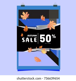 Autumn sale memphis style web banner. Fashion and travel discount poster. Vector holiday Abstract colorful illustration with special offer and promotion.