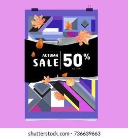 Autumn sale memphis style web banner. Fashion and travel discount poster. Vector holiday Abstract colorful illustration with special offer and promotion.