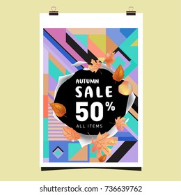 Autumn sale memphis style web banner. Fashion and travel discount poster. Vector holiday Abstract colorful illustration with special offer and promotion.
