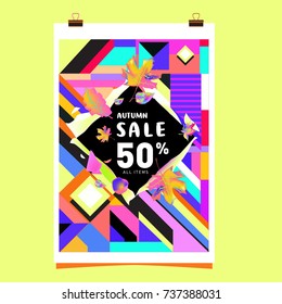Autumn sale memphis style web banner. Fashion and travel discount poster. Vector holiday Abstract colorful illustration with special offer and promotion.