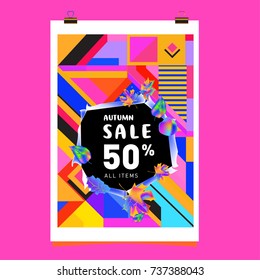 Autumn sale memphis style web banner. Fashion and travel discount poster. Vector holiday Abstract colorful illustration with special offer and promotion.