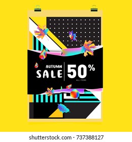 Autumn sale memphis style web banner. Fashion and travel discount poster. Vector holiday Abstract colorful illustration with special offer and promotion.