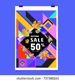 Autumn sale memphis style web banner. Fashion and travel discount poster. Vector holiday Abstract colorful illustration with special offer and promotion.