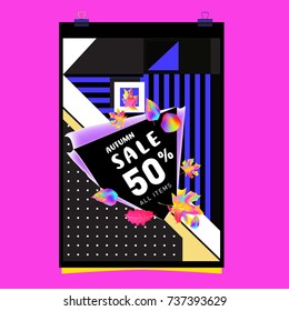 Autumn sale memphis style web banner. Fashion and travel discount poster. Vector holiday Abstract colorful illustration with special offer and promotion.