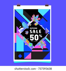 Autumn sale memphis style web banner. Fashion and travel discount poster. Vector holiday Abstract colorful illustration with special offer and promotion.