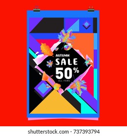 Autumn sale memphis style web banner. Fashion and travel discount poster. Vector holiday Abstract colorful illustration with special offer and promotion.