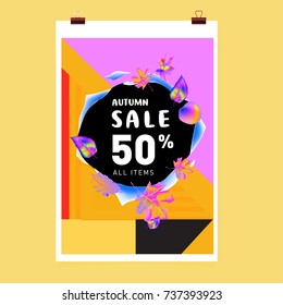 Autumn sale memphis style web banner. Fashion and travel discount poster. Vector holiday Abstract colorful illustration with special offer and promotion.