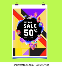 Autumn sale memphis style web banner. Fashion and travel discount poster. Vector holiday Abstract colorful illustration with special offer and promotion.