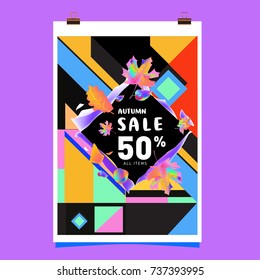 Autumn sale memphis style web banner. Fashion and travel discount poster. Vector holiday Abstract colorful illustration with special offer and promotion.