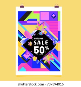 Autumn sale memphis style web banner. Fashion and travel discount poster. Vector holiday Abstract colorful illustration with special offer and promotion.