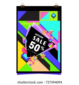 Autumn sale memphis style web banner. Fashion and travel discount poster. Vector holiday Abstract colorful illustration with special offer and promotion.