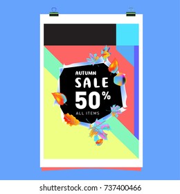 Autumn sale memphis style web banner. Fashion and travel discount poster. Vector holiday Abstract colorful illustration with special offer and promotion.