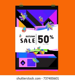 Autumn sale memphis style web banner. Fashion and travel discount poster. Vector holiday Abstract colorful illustration with special offer and promotion.