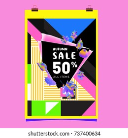 Autumn sale memphis style web banner. Fashion and travel discount poster. Vector holiday Abstract colorful illustration with special offer and promotion.