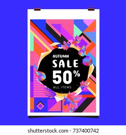 Autumn sale memphis style web banner. Fashion and travel discount poster. Vector holiday Abstract colorful illustration with special offer and promotion.