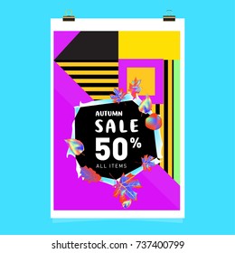 Autumn sale memphis style web banner. Fashion and travel discount poster. Vector holiday Abstract colorful illustration with special offer and promotion.